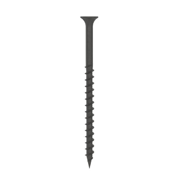 A close-up of a Grip-Rite drywall screw with black phosphate coating shows its sharp tip, coarse threaded shaft, and bugle head vertically against a white background.
