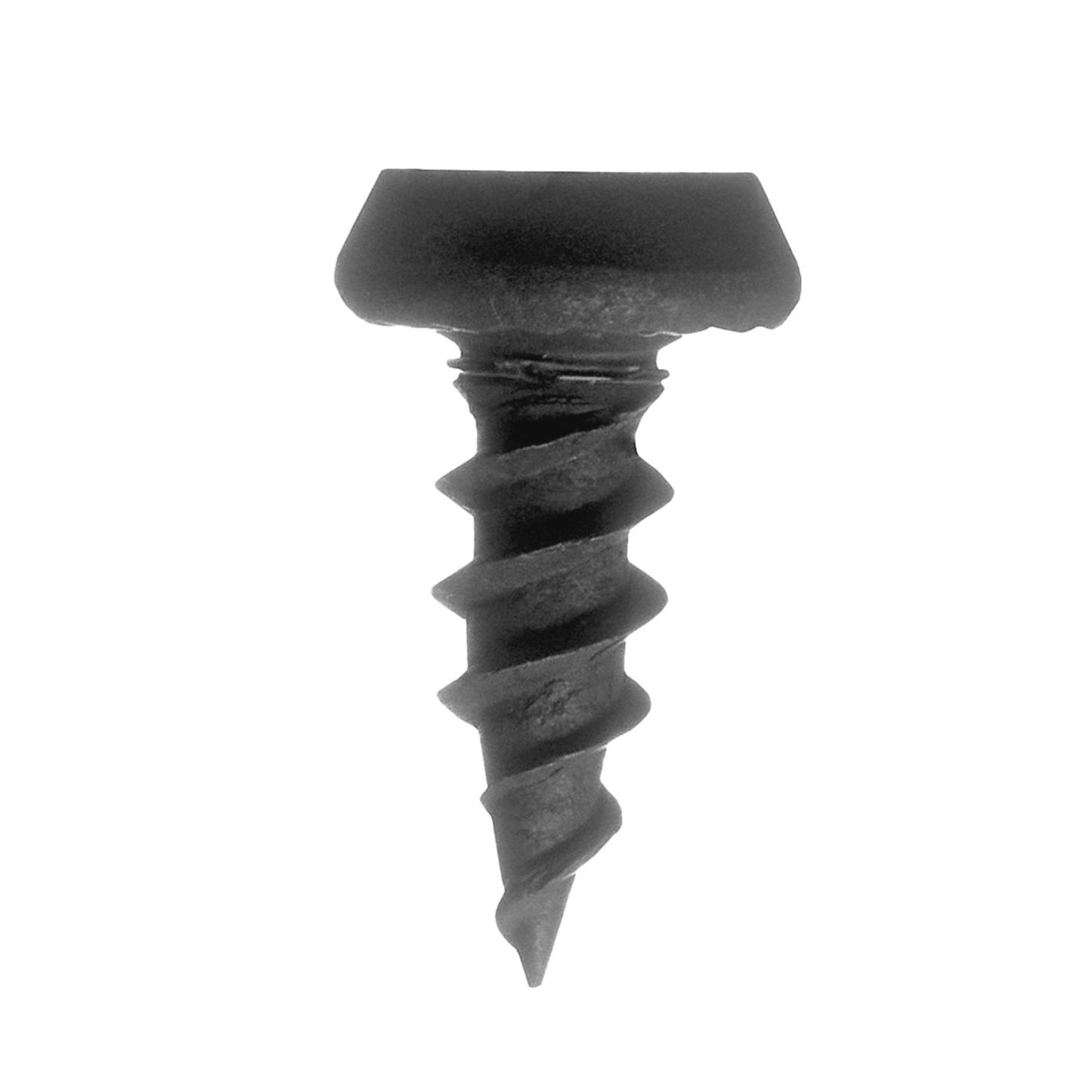 A close-up of a Grip-Rite #7 x 7/16 drywall screw, showing a black metal design with a flat head and spiraled shank, oriented horizontally against a white background.