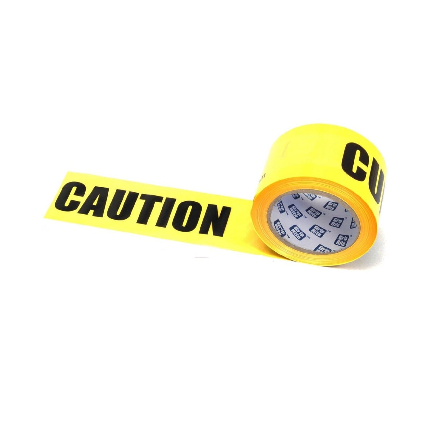 A partially unrolled roll of GRIP-RITE BTC31000GR 3 in. x 1000 ft. Yellow Caution Barrier Tape is set against a white background, with CAUTION boldly printed in black to warn of potential hazards.