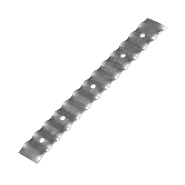 The GRIP-RITE BWT22G Straight 22-Gauge Electrogalvanized Brick Wall Ties by Grip-Rite, isolated on a white background, are durable and strong masonry connections designed for construction projects with perforated metal strips.
