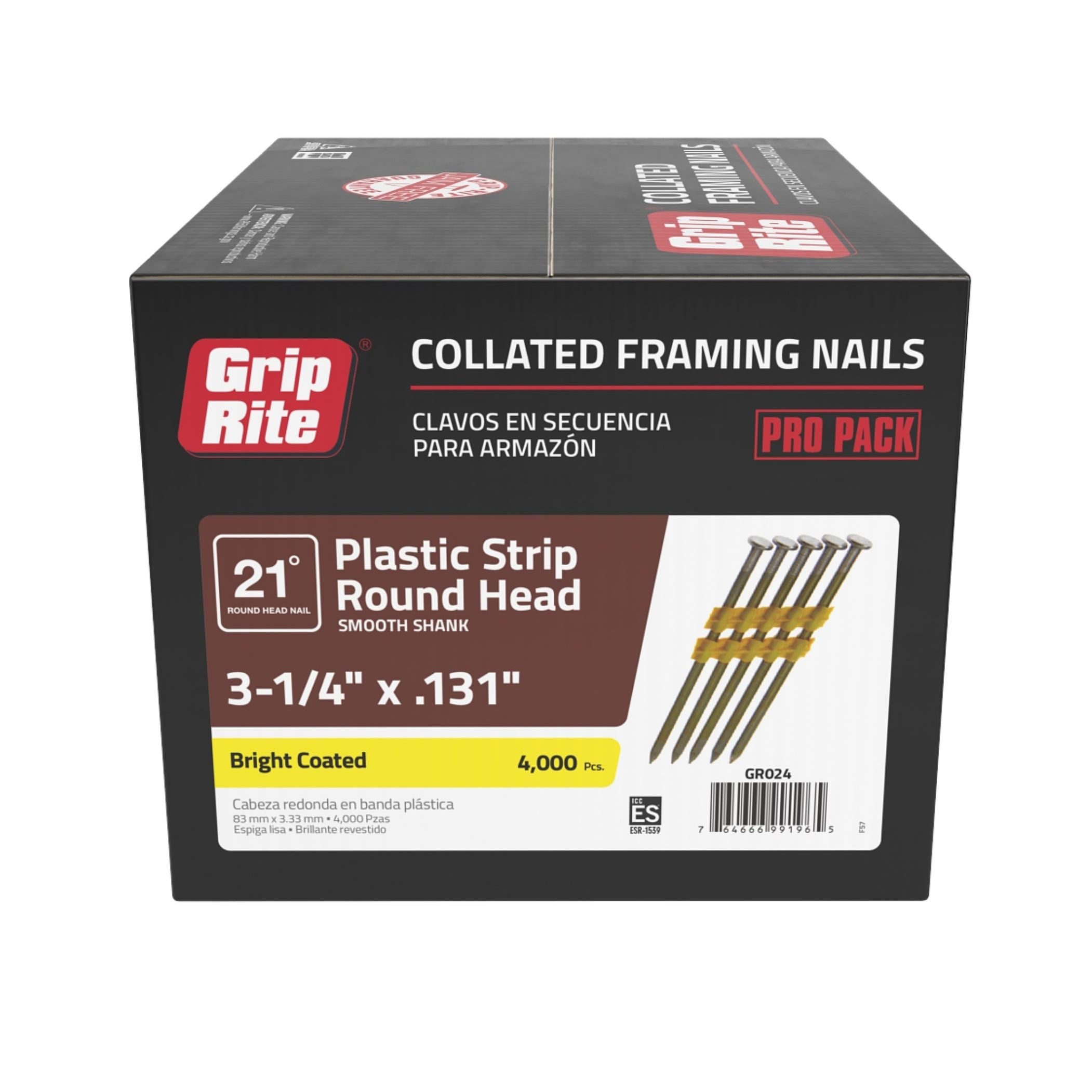 The Grip-Rite GR024 Pro Pack contains 3-1/4 in. x 0.131 in., 21-degree bright coated plastic strip round head collated framing nails (4,000 pieces). Designed for power framing nailers, the box features English and Spanish text and an image of the nails on the front.