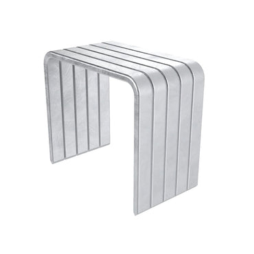 A sleek, minimalist bench made of parallel metal slats in a silver finish, reminiscent of the clean lines in insulation projects. Positioned on a white background.