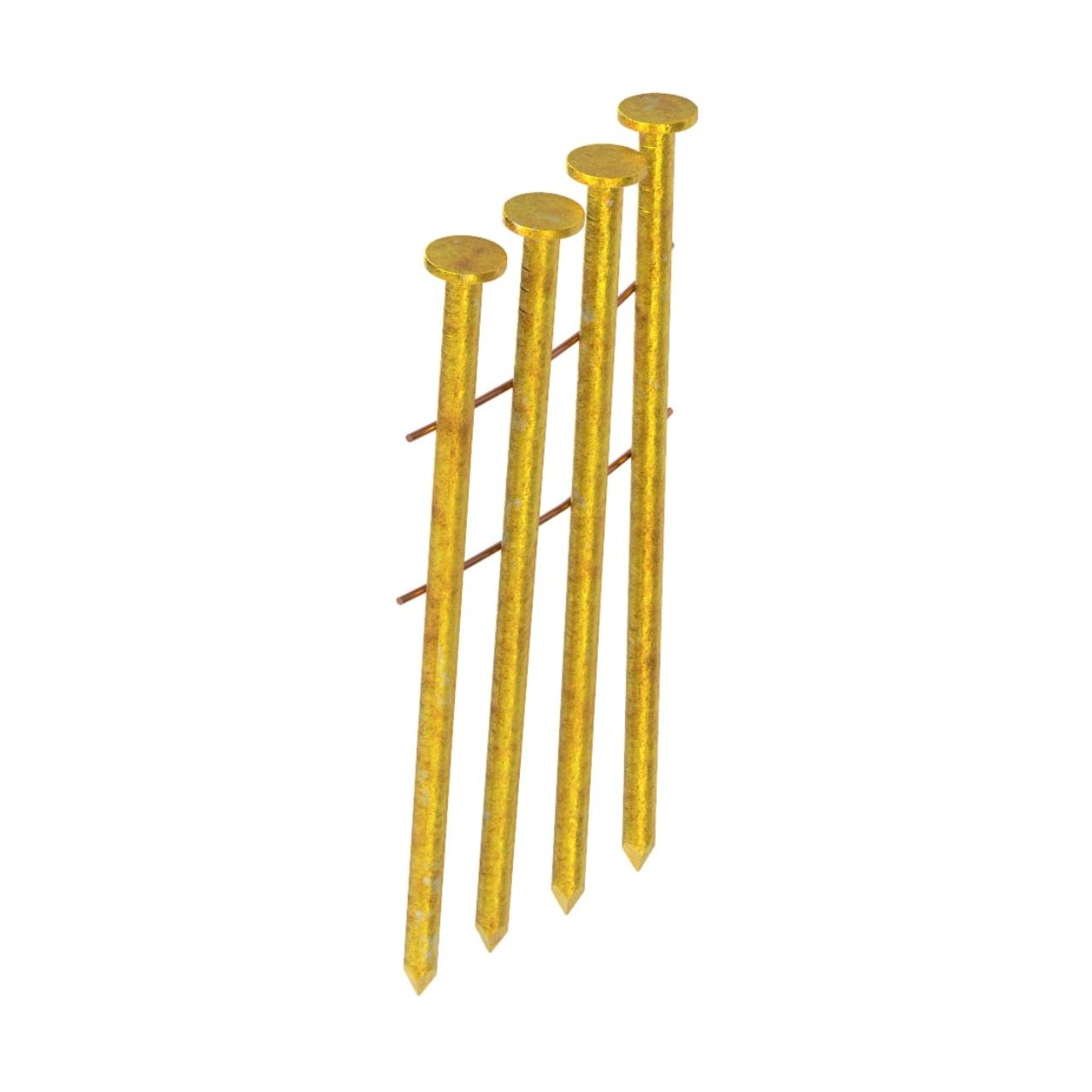 Four Grip-Rite GRIP-RITE GRC10PD 3 in. x 0.120 in. 15 Degree bright coated coil nails stand upright diagonally on a white background, perfect for outdoor use with flat, round heads and sharp tips.