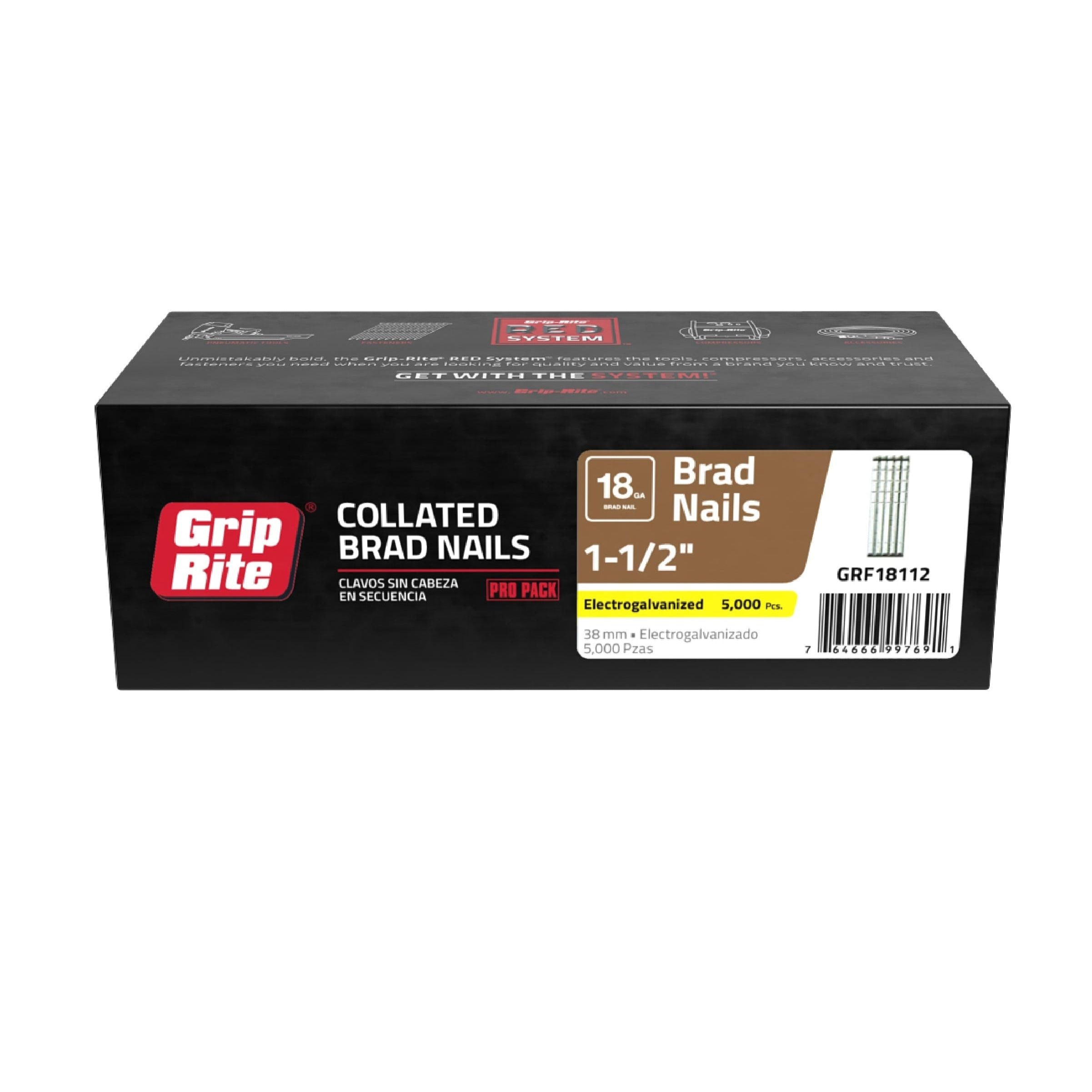 The GRIP-RITE GRF18112 18-Gauge Electrogalvanized 1-1/2 in. Brad Nails (5000 per pack) feature a Jam Free Guarantee and come in black packaging with red and white text for seamless use every time.