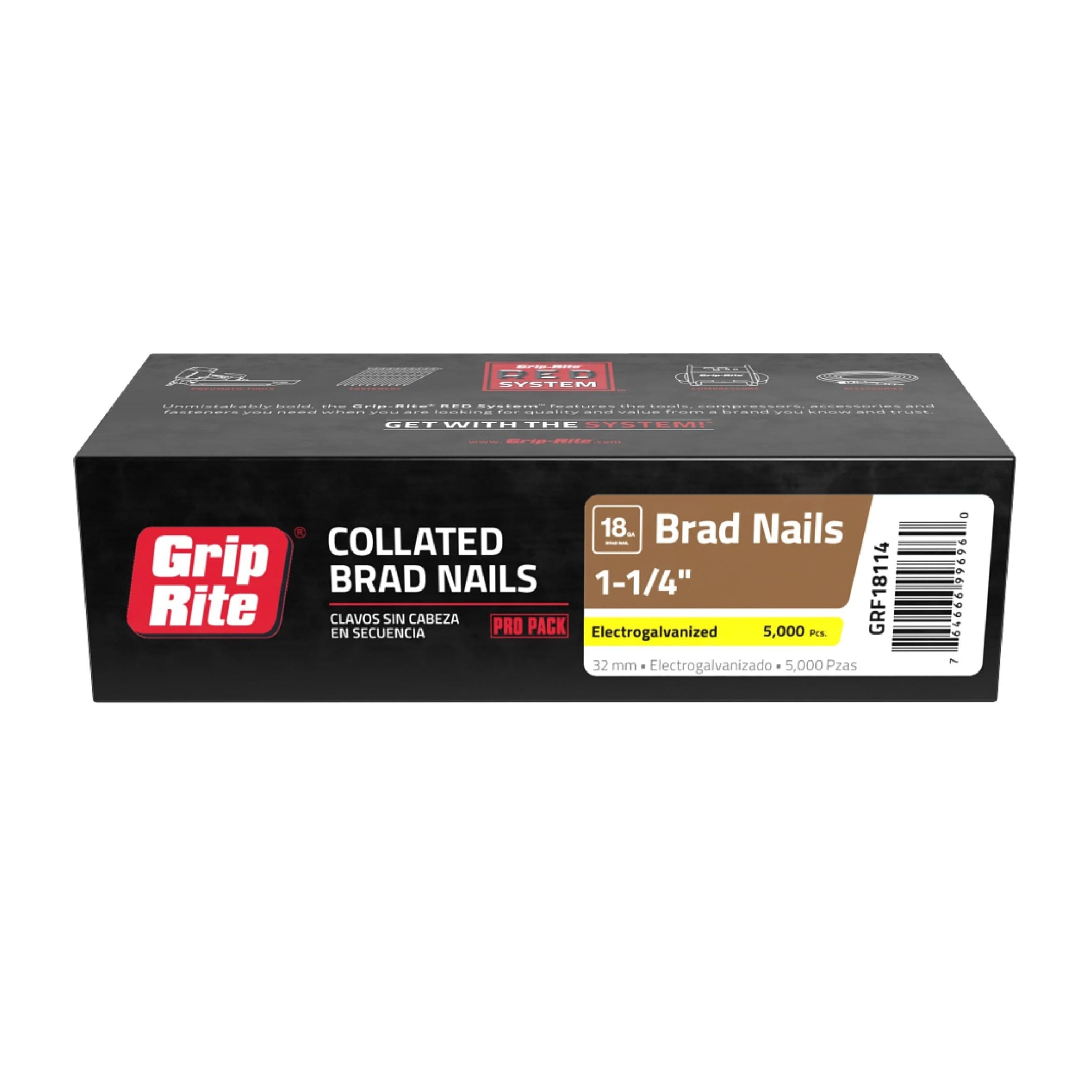 The GRIP-RITE GRF18114 pack includes 5000 electrogalvanized 1-1/4 inch, 18-gauge collated brad nails. Designed for Grip-Rite® Brad Nailer, it features a Jam Free Guarantee and comes in black packaging with red and white text.