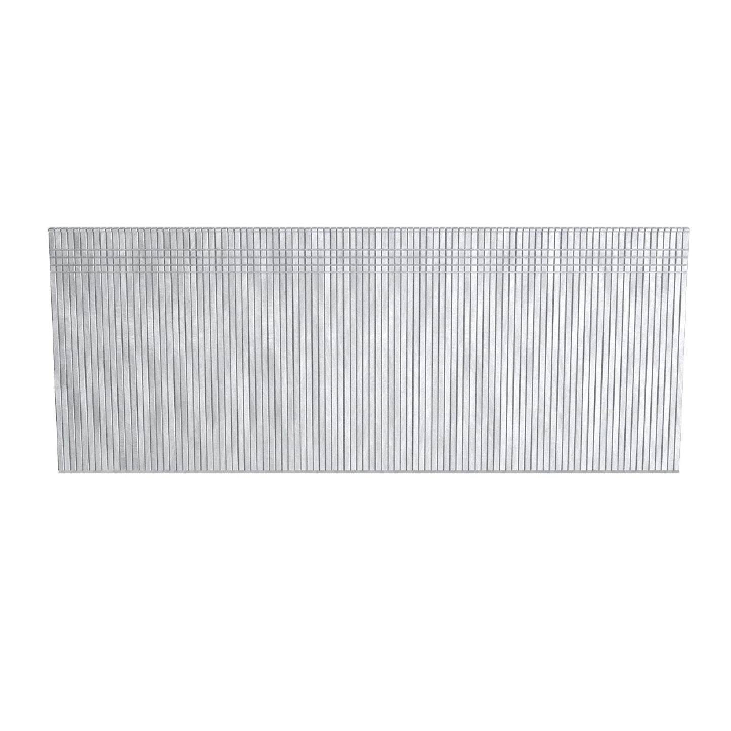 The Grip-Rite GRF182 2 in. 18-Gauge Electrogalvanized Brad Nails (5000/Pack) feature a bright finish, arranged in strips for automatic nail gun use. They offer a jam-free experience, with nails evenly spaced and vertically aligned against a white background.