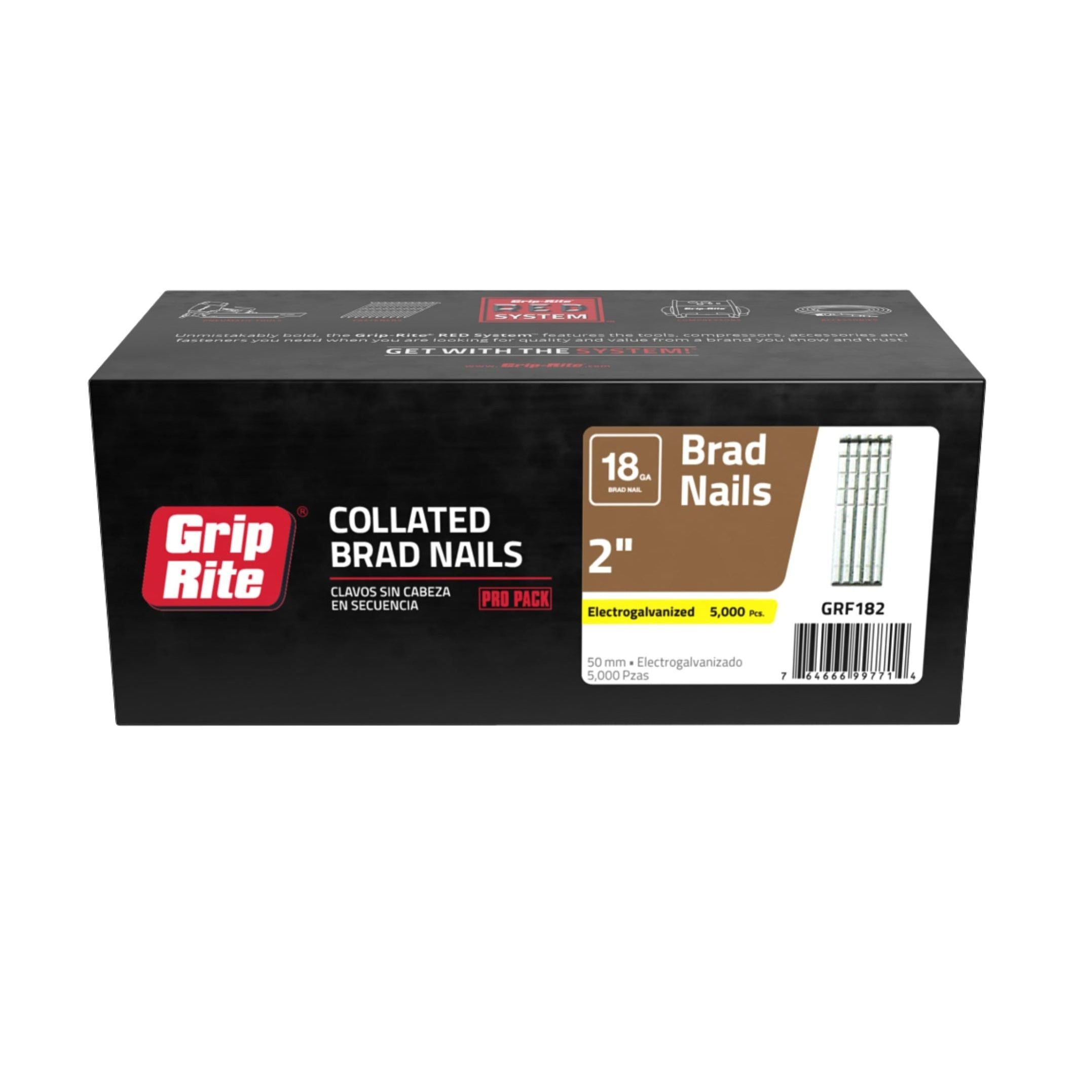 A box of Grip-Rite GRF182 18-gauge, 2-inch electrogalvanized collated brad nails is showcased on a white backdrop. The pack contains 5,000 bright finish nails with a Jam Free Guarantee for reliable fastening in your projects.