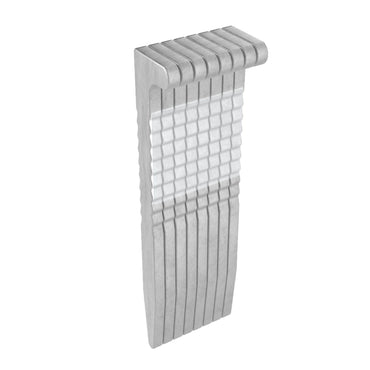 The GRIP-RITE GRFLN200 gleams with a futuristic silver finish and features a unique L-cleat design, blending smooth and texturized surfaces to create a minimalist, modern aesthetic suspended in white space.