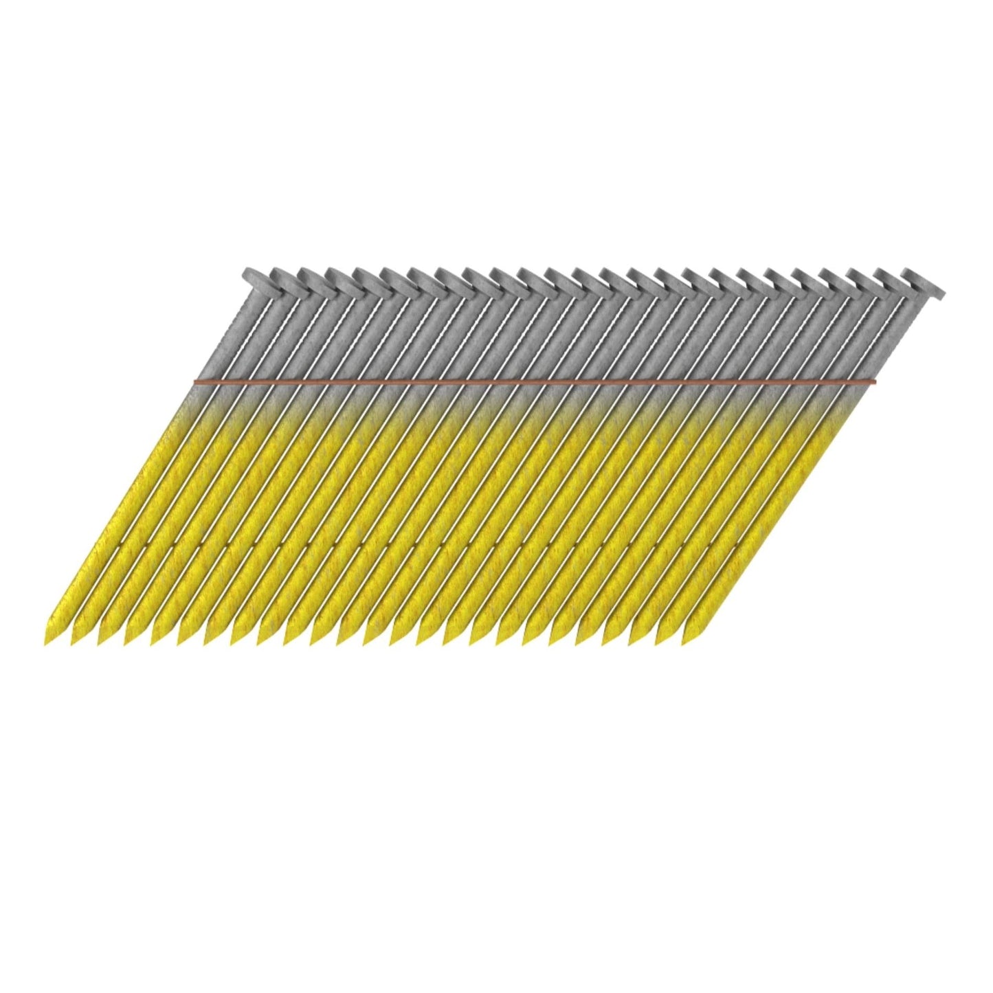 Parallel rows of Grip-Rite GRS8D 28° bright coated wire weld clipped head nails, designed for power framing nailers, feature a yellow plastic collation strip against a white background.