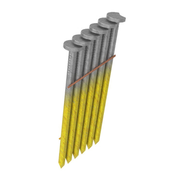 A set of GRIP-RITE GRS8D 2-3/8 in. x 0.113 in. Bright Coated Wire Weld Clipped Head Collated Framing Nails, featuring yellow tips and expert wire grouping, conveys durability and precision against a white backdrop—an embodiment of Grip-Rite craftsmanship and strength.