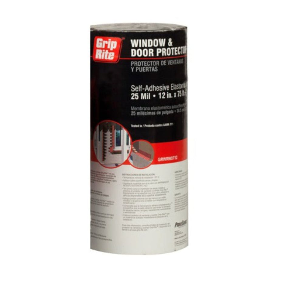 The GRIP-RITE GRWRWDT12 Window & Door Protection features a self-adhesive elastomer membrane, 25 mil thick, measuring 12 inches by 75 feet. Its packaging in black, red, and white emphasizes its function as an effective air/vapor barrier.