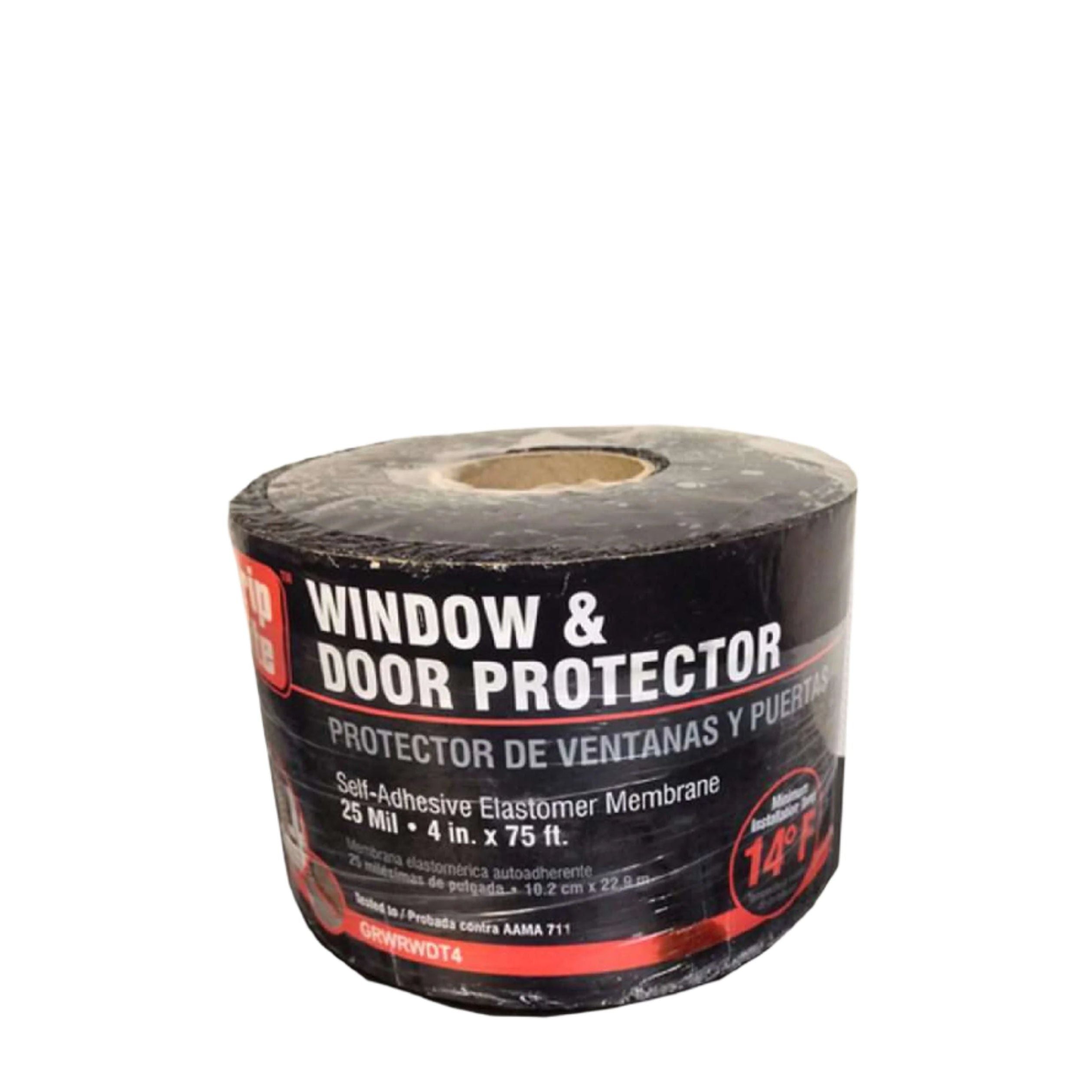 The GRIP-RITE GRWRWDT4 is a 25 mil, 4 in. x 75 ft. self-adhesive elastomer membrane by Grip-Rite. It offers reliable window and door protection with 14 ft. of waterproof coverage and features bilingual English-Spanish packaging.