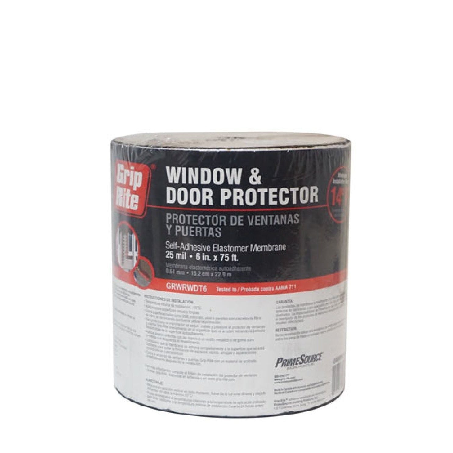 The GRIP-RITE GRWRWDT6 features a red and black label with specs and instructions. This 6 in. x 75 ft., 25 mil elastomer membrane is self-adhesive, designed for expert sealing, waterproofing, and maintaining windows and doors.