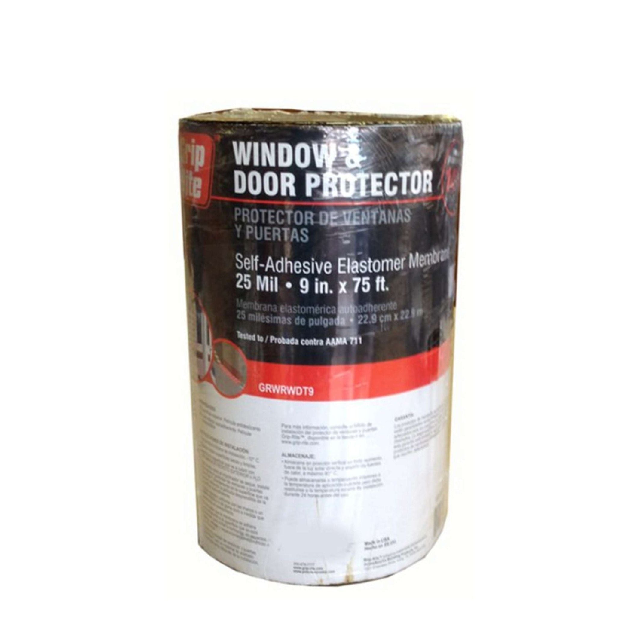 The GRIP-RITE GRWRWDT9 Window & Door Protector is a 25 mil thick, 9 in. x 75 ft. self-adhesive elastomer membrane by Grip-Rite, featuring bilingual English-Spanish packaging for wider accessibility.