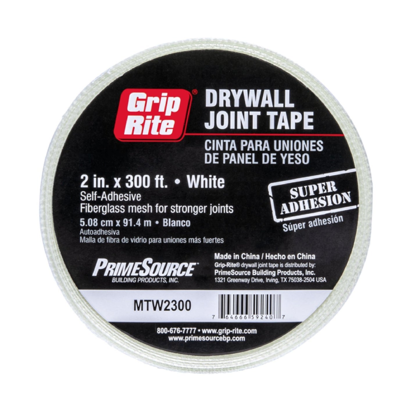 The GRIP-RITE MTW2300 White Fiberglass Mesh Drywall Tape by Grip-Rite is displayed, featuring a self-adhesive 2-inch by 300-foot roll in a sleek white design, ideal for stronger joints. Crafted by PrimeSource, it includes a contact number for your convenience.