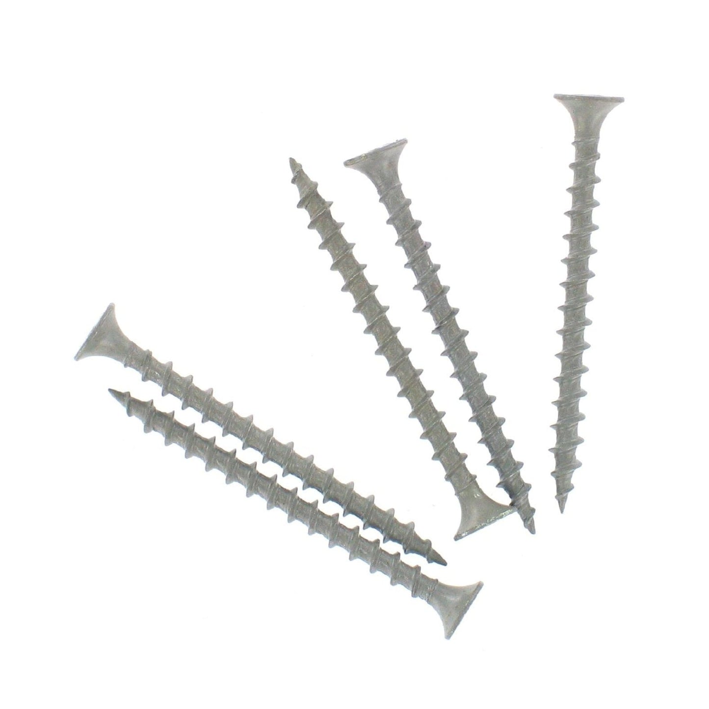 Four Grip-Rite GRIP-RITE PTN1585M screws with PrimeGuard coating are displayed on a white background, showcasing pointed tips and threaded bodies. Ideal for outdoor projects, these silver screws ensure durability and reliable performance.