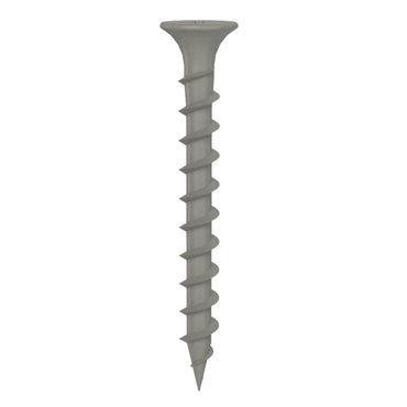 A silver GRIP-RITE PTN158S5 screw from Grip-Rite, size #8 x 1-5/8 in., with a bugle head and coarse thread for exterior decks, is vertically set against a white background.