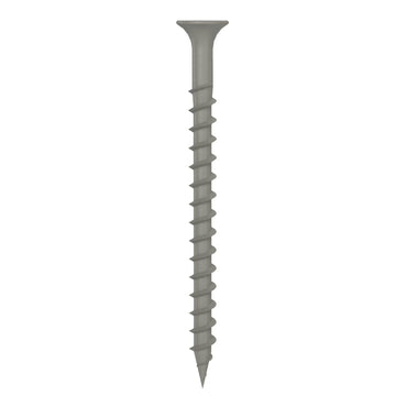 A single gray Grip-Rite #9 x 2-1/2 in. Phillips Bugle Head PrimeGuard Deck Exterior Screw stands vertically against a white background. Ideal for outdoor projects, the coarse thread design ensures durability and reliable performance.