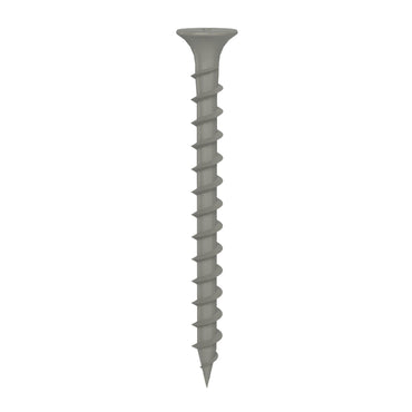A single Grip-Rite deck screw is shown on a white background. This #8 x 2 in. screw features a bugle head, coarse threads, and PrimeGuard coating for exterior durability, ideal for outdoor projects.
.