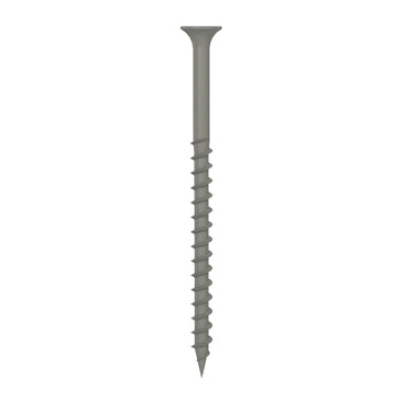 The image shows a Grip-Rite PTN3S1 #9 x 3 in. Phillips Bugle Head Coarse Thread PrimeGuard Deck Exterior Screw against a white background, vertically oriented with the tip at the bottom, designed for outdoor use.