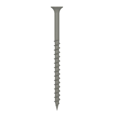 A single GRIP-RITE PTN3S5 #9 x 3 in. deck exterior screw by Grip-Rite is shown vertically on a white background, featuring a silver bugle head, coarse thread, sharp point, and PrimeGuard coating for durability. Ideal for outdoor projects.
