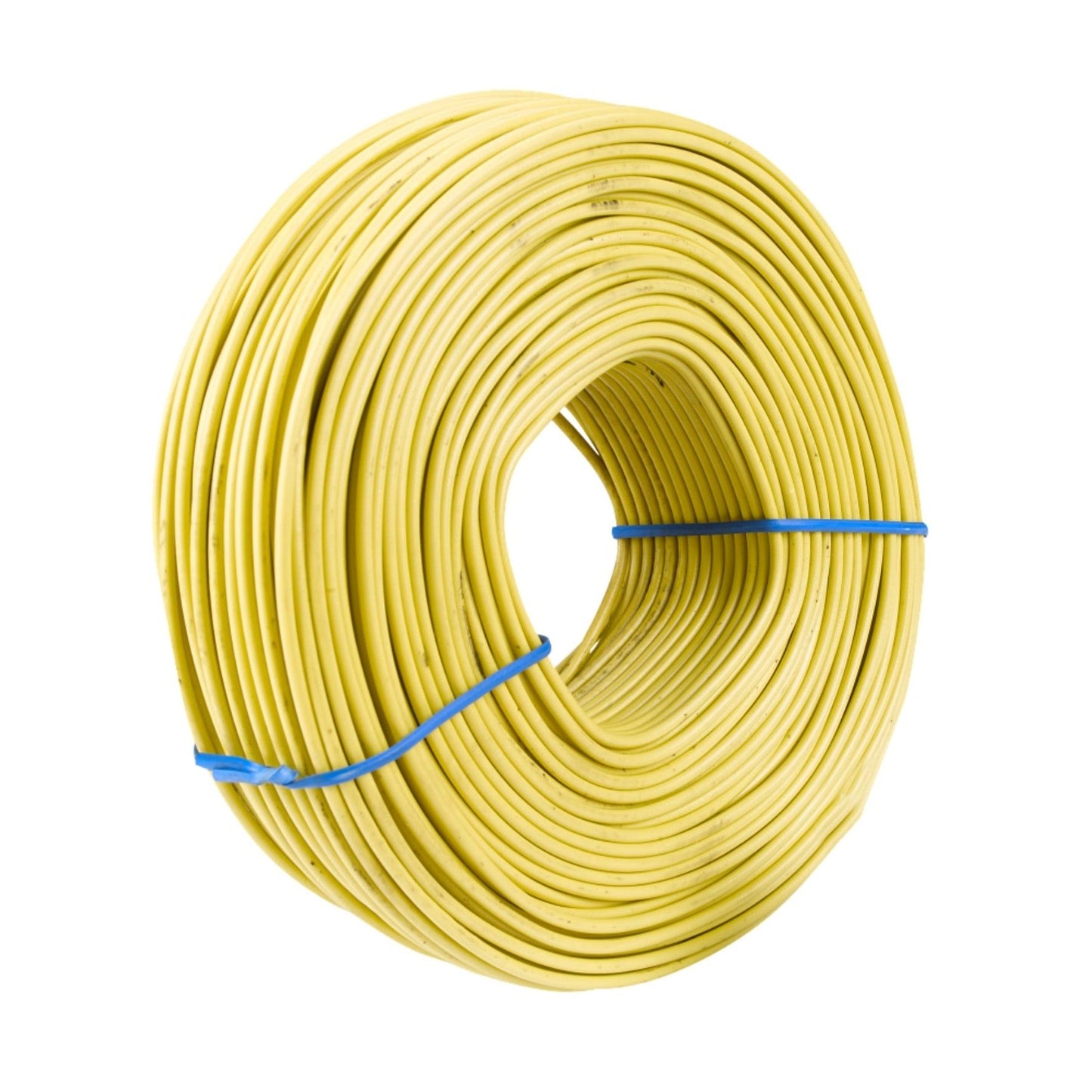 A coiled bundle of yellow electrical wire, fastened with two blue zip ties, is neatly arranged in a circle on a plain white background, similar to the GRIP-RITE TWPV163 16 ga. 3 lb. Plastic Coated Rebar Tie Wire used in construction projects.