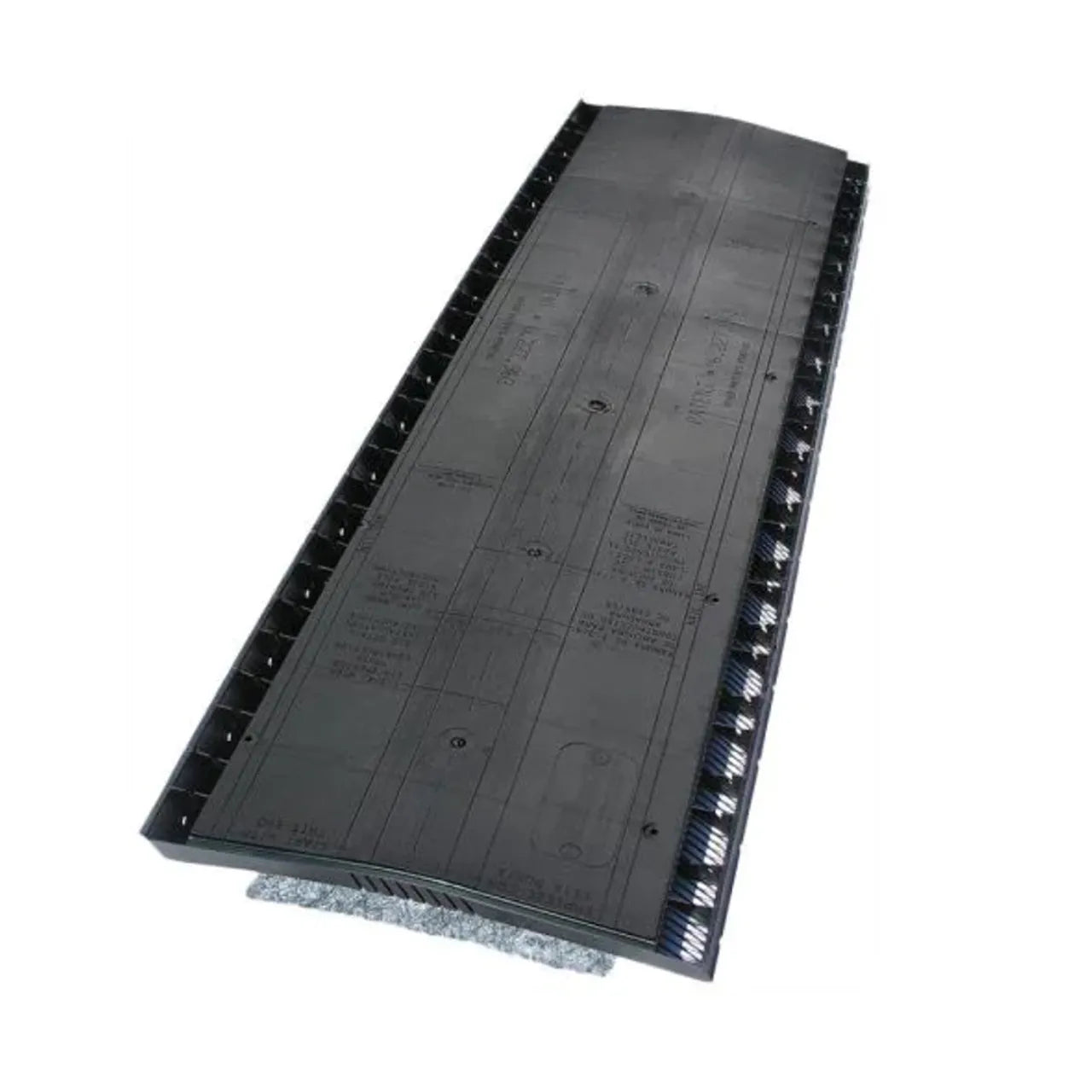 The 11-1/2 in. x 48 in. GAF Cobra SnowCountry Roof Ridge Exhaust Vent by Go Build, in black, features slotted sides and a shingle-over design for efficient attic ventilation, shown on a white background.