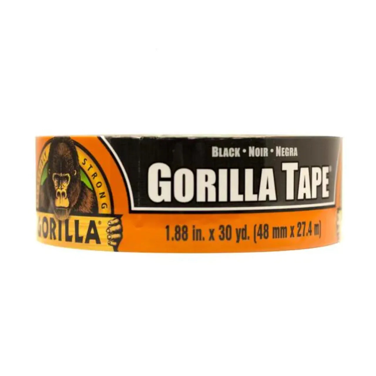 A roll of Go Build 1.88 in. x 30 yds. Duct Tape - Black from The Fastest Way To Build brand, featuring weather-resistant, double-thick adhesive and a black and orange label with logo. Dimensions: 1.88 in x 30 yds (48 mm x 27.4 m).