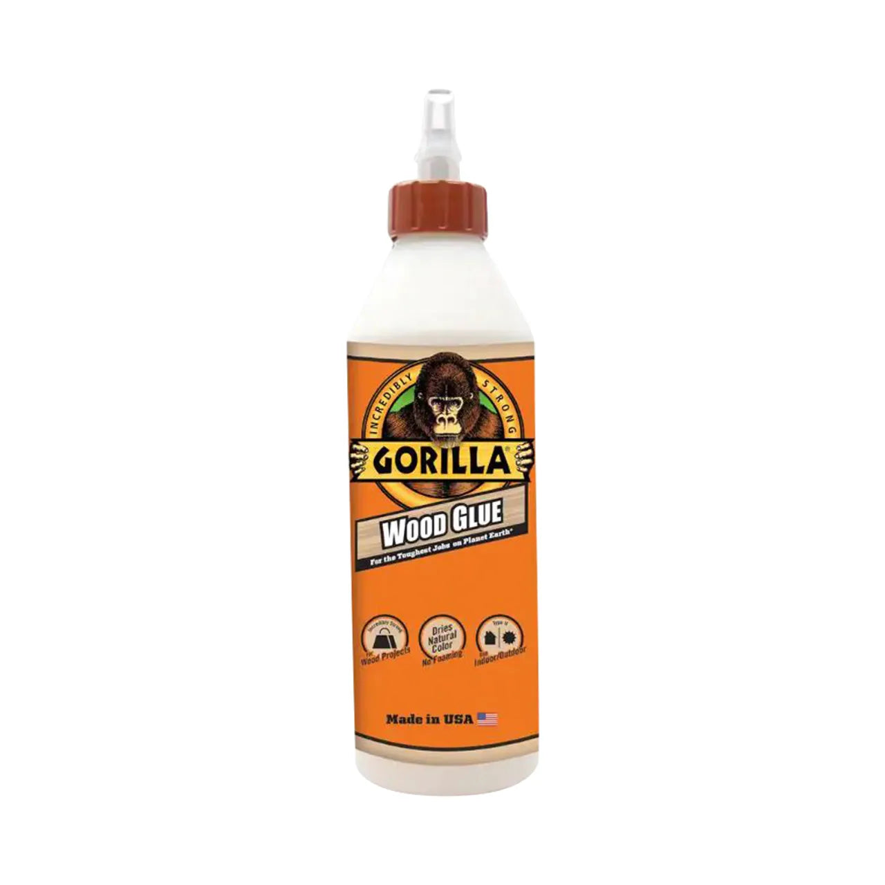 A bottle of Go Build 18 fl. oz. Wood Glue with a brown cap and nozzle features the brand’s logo and info, highlighting this water-resistant glue as ideal for wood projects. Made in the USA by The Fastest Way To Build.