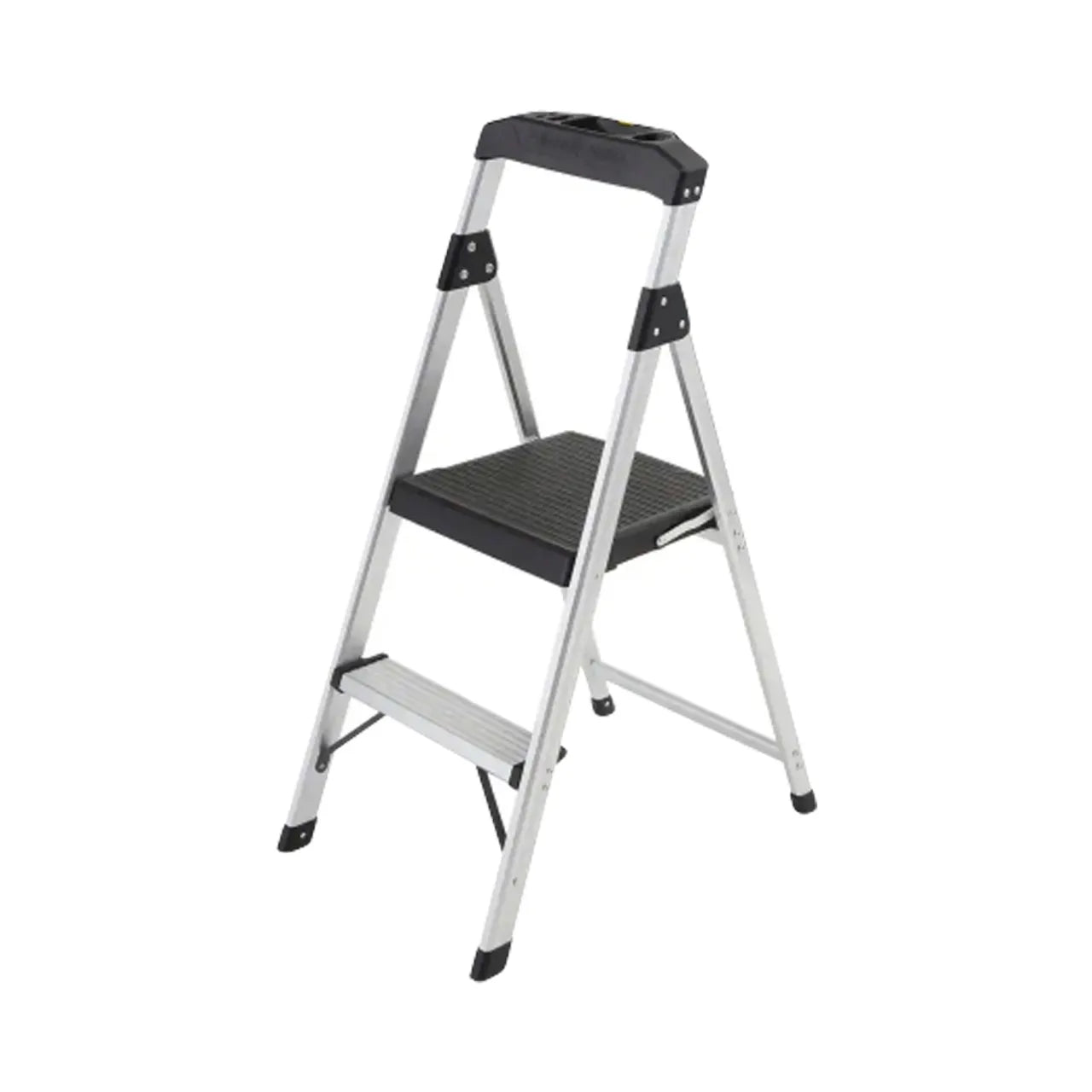A Go Build 2-Step Aluminum Step Stool Ladder with a 250 lbs. Type I Duty Rating, featuring black rubber feet and a black plastic handle, is shown against a plain white background. Brand: The Fastest Way To Build.