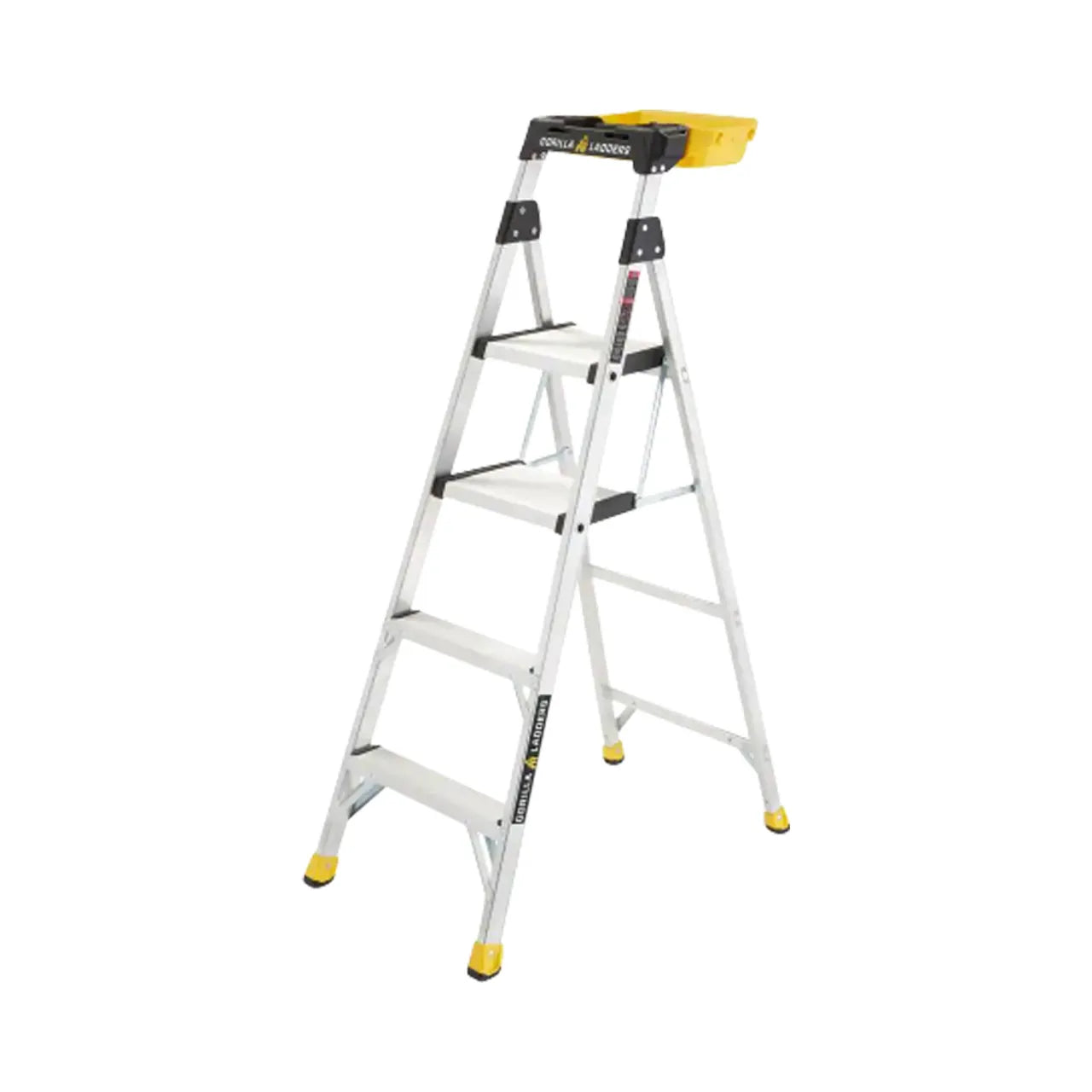 A Go Build 5.5 ft. Aluminum Dual Platform Heavy-Duty Ladder with Project Bucket, Type IA (300 lbs.), is shown on a white background. This stable and reliable ladder is perfect for handling any project efficiently.