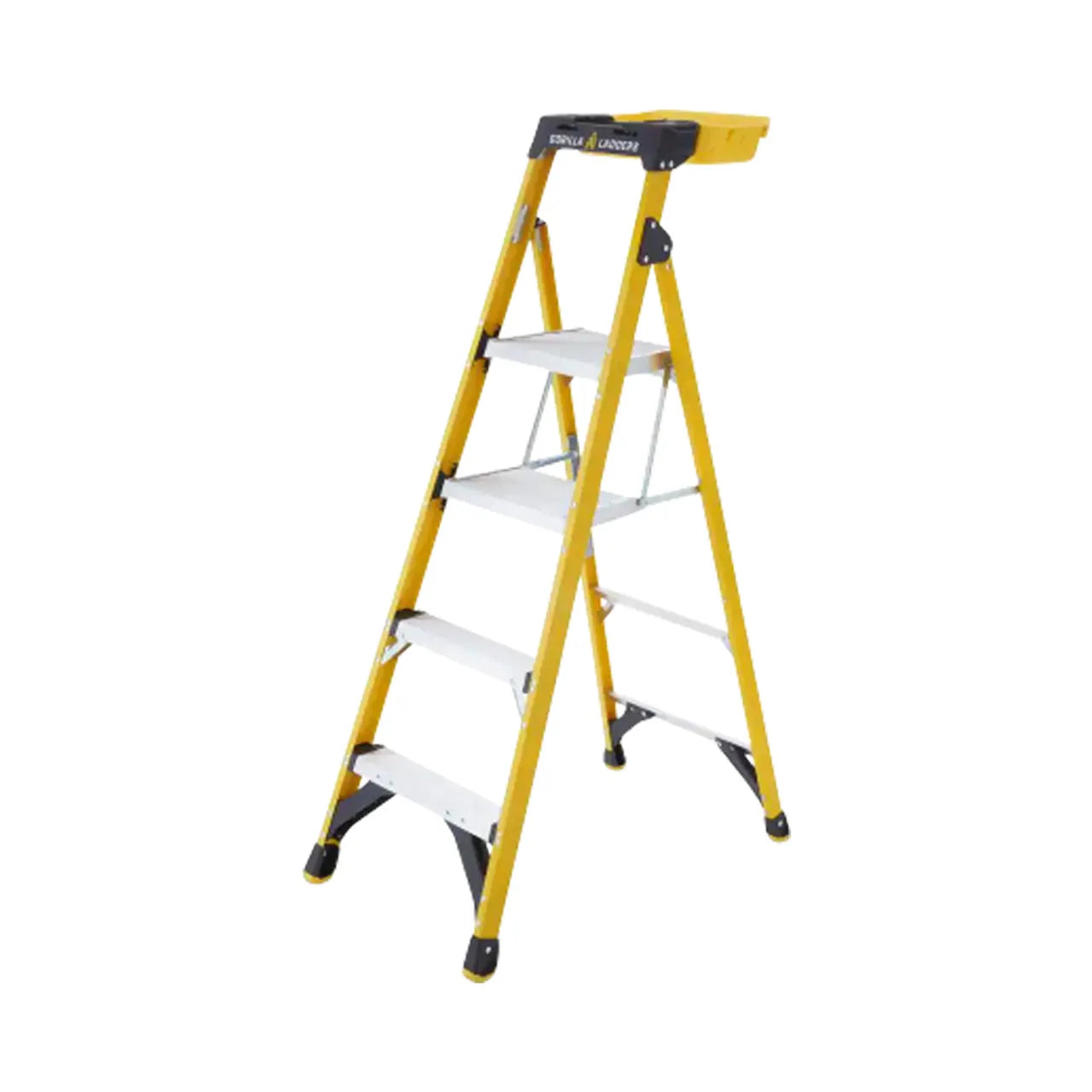 A Go Build 5.5 ft. Fiberglass Dual Platform Step Ladder (300 lb. Type IA) stands on a white background, featuring yellow and black accents, four steps, a top tray, and is ideal for household or professional use.