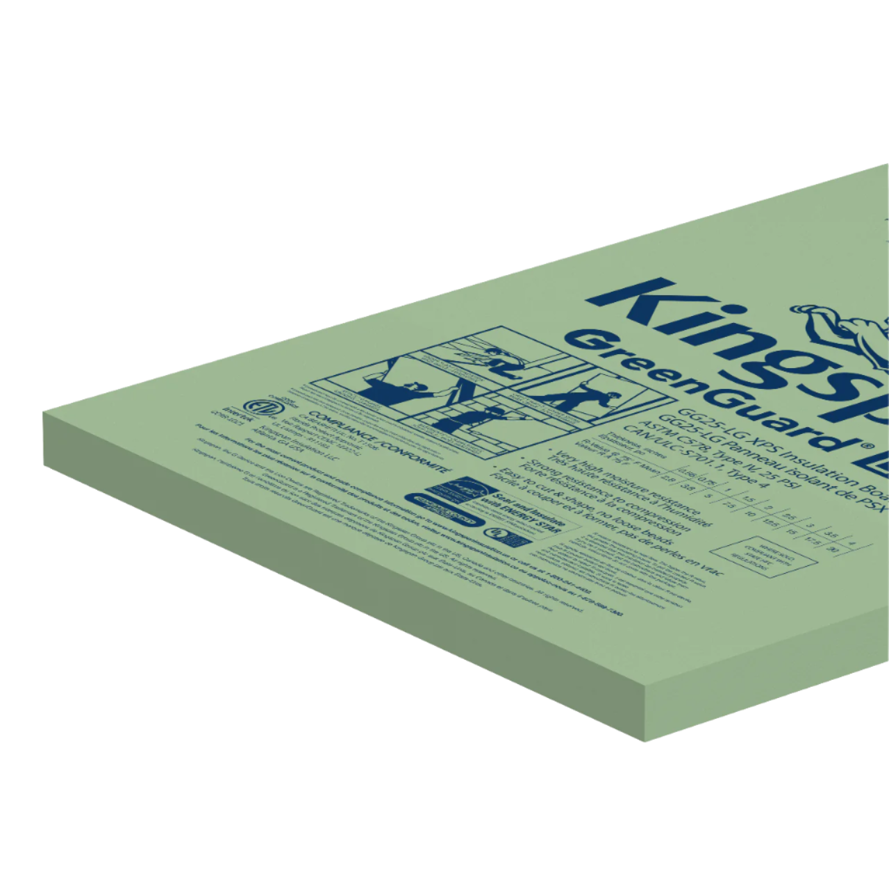 The KINGSPAN 2 in. x 4 ft. x 8 ft. R-10 Foam Board Insulation has printed instructions and icons for installation, branded as GreenGuard by Kingspan, enhancing energy efficiency with its high R-value.
