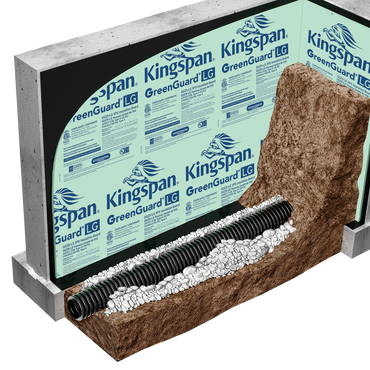A building foundation illustration features KINGSPAN 2 in. x 4 ft. x 8 ft. R-10 Foam Board Insulation on the wall, with a drainage pipe surrounded by gravel at the base and partly covered with soil, showcasing R-value benefits and an energy-efficient waterproofing and drainage system.