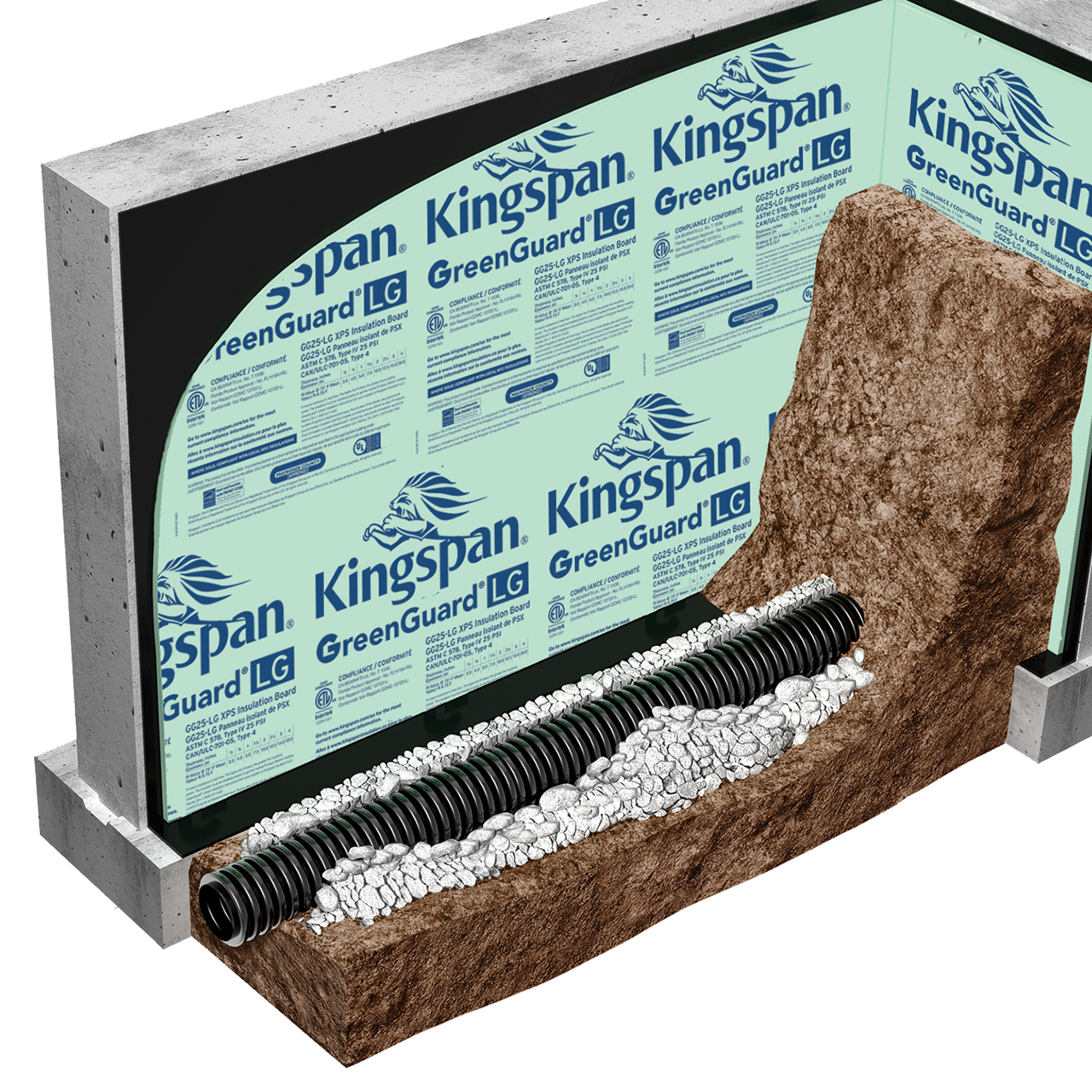 A building foundation illustration features KINGSPAN 2 in. x 4 ft. x 8 ft. R-10 Foam Board Insulation on the wall, with a drainage pipe surrounded by gravel at the base and partly covered with soil, showcasing R-value benefits and an energy-efficient waterproofing and drainage system.