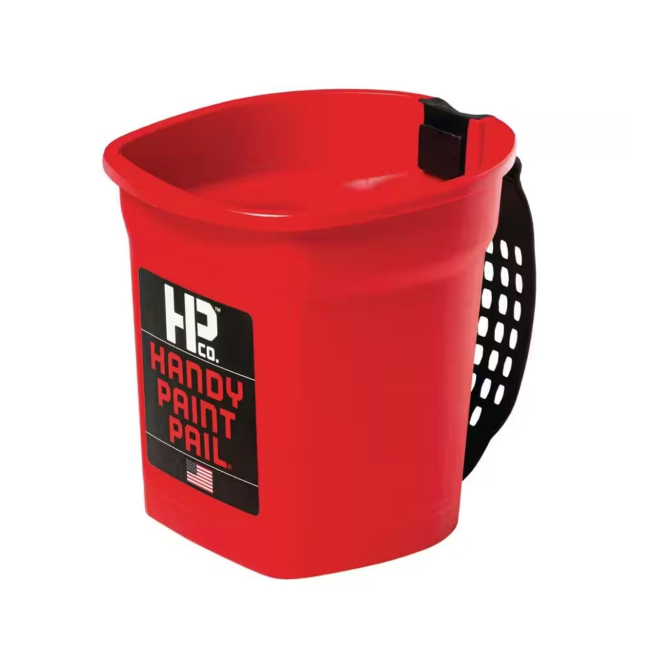 The HANDY 2500, a 1 qt. red paint pail by HANDY, features a magnetic brush holder and adjustable hand strap for convenience, complemented by its durable black handle and plain white backdrop.