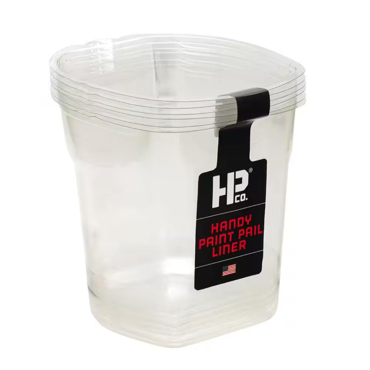 A transparent, square plastic container with a ribbed lid features a black label HANDY 2520-CT 1 qt. Paint Pail Disposable Liners (6-Pack) on the front. This empty container for disposable paint liners is elegantly displayed against a white background.