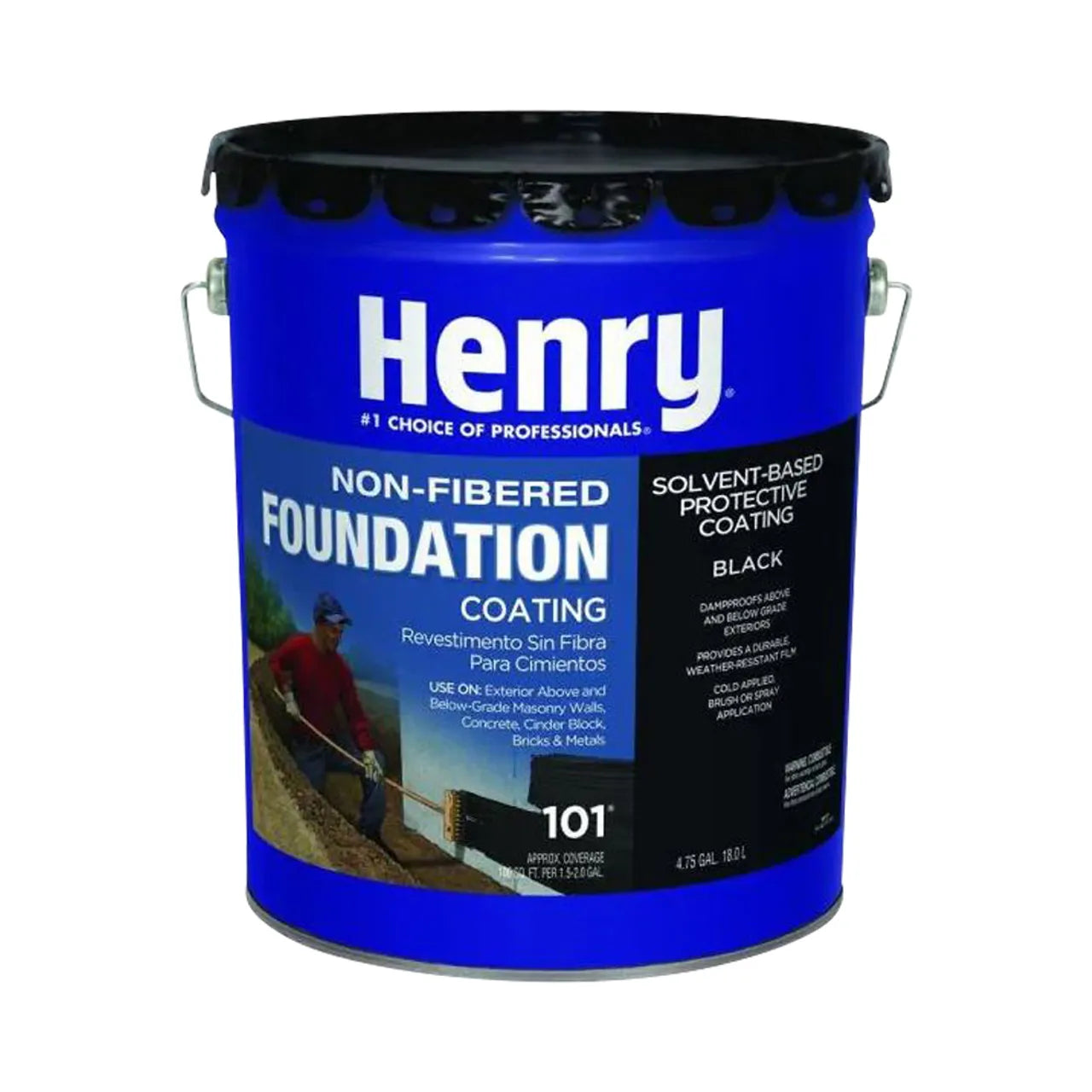 A blue and black container of Go Builds 4.75 gal. 101 Non-Fibered Foundation Coating. The label reads Solvent-Based Protective Coating, ideal for dam proofing exterior concrete and masonry walls, suitable for use on concrete, cement board, plywood, and masonry walls.
