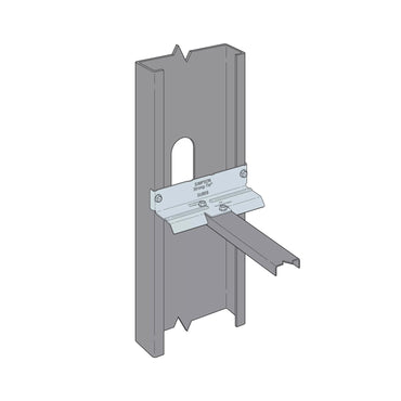 The Simpson Strong-Tie SUBE6-R50 6 in. End Bridging Connector Clip secures a horizontal steel track to a vertical cold-formed steel stud. The 50-pack is shown against a white background in a technical illustration style.