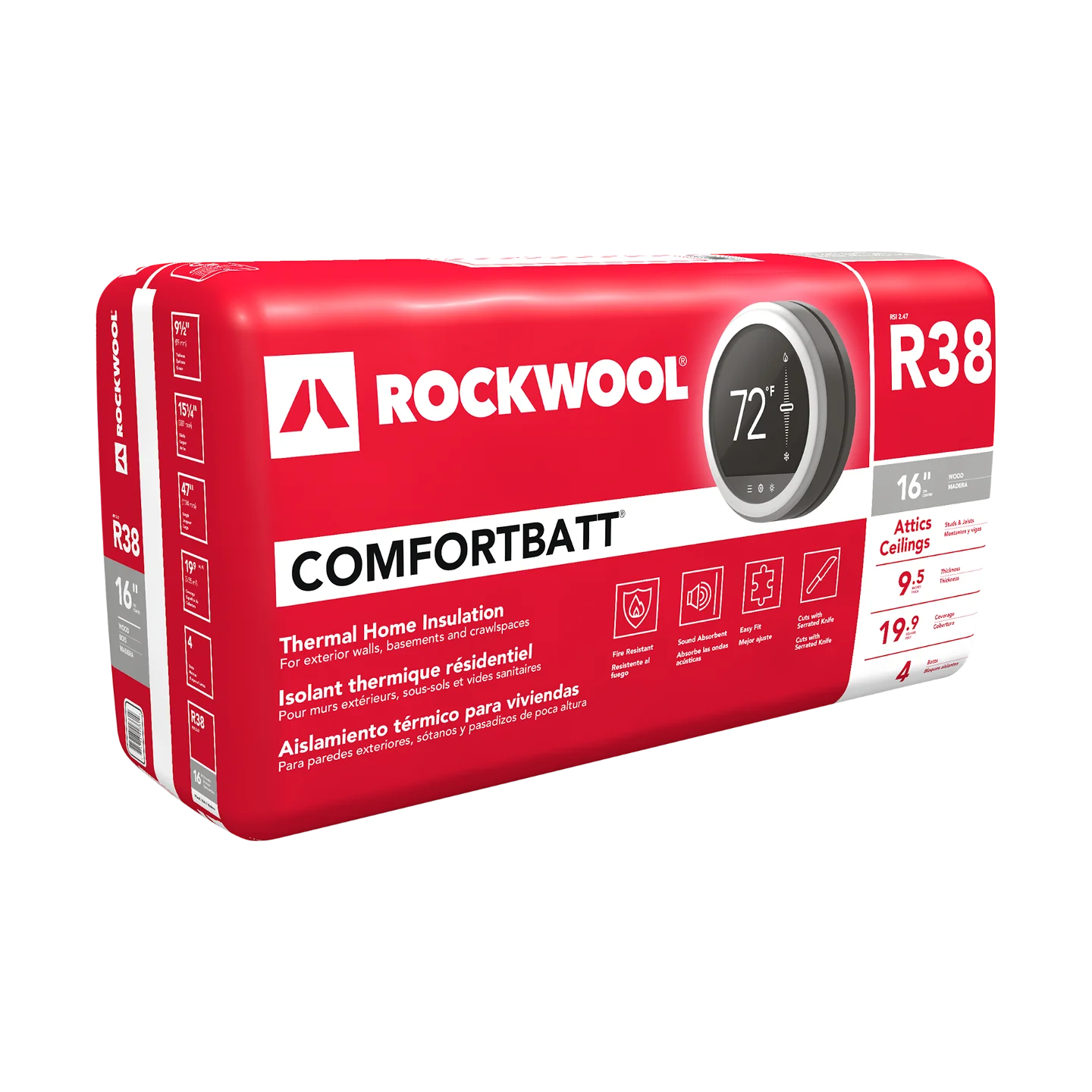 A red and white package of Rockwool RXCB381525 Comfortbatt R38 stone wool insulation (9.5 in. x 15-1/4 in. x 47 in., 19.9 SQF), featuring sustainable rock-based mineral fibers, icons, specs, and a thermostat showing 72°F on the front.