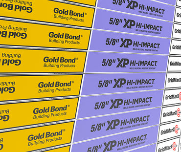 Stacks of Go Build 5/8 Inch x 4 Feet x 8 Feet Gold Bond® XP® Hi-Impact® Gypsum Board are shown with yellow and purple labels displaying product names and specs from Go Build, The Fastest Way To Build.