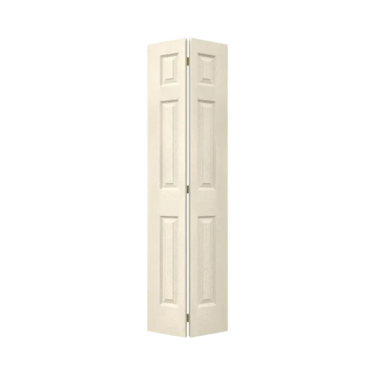 A 24 in. x 78 in. Go Build 6-Panel Woodgrain Bi-fold Molded Composite Door, Hollow Core, is shown partially folded against a plain white background.