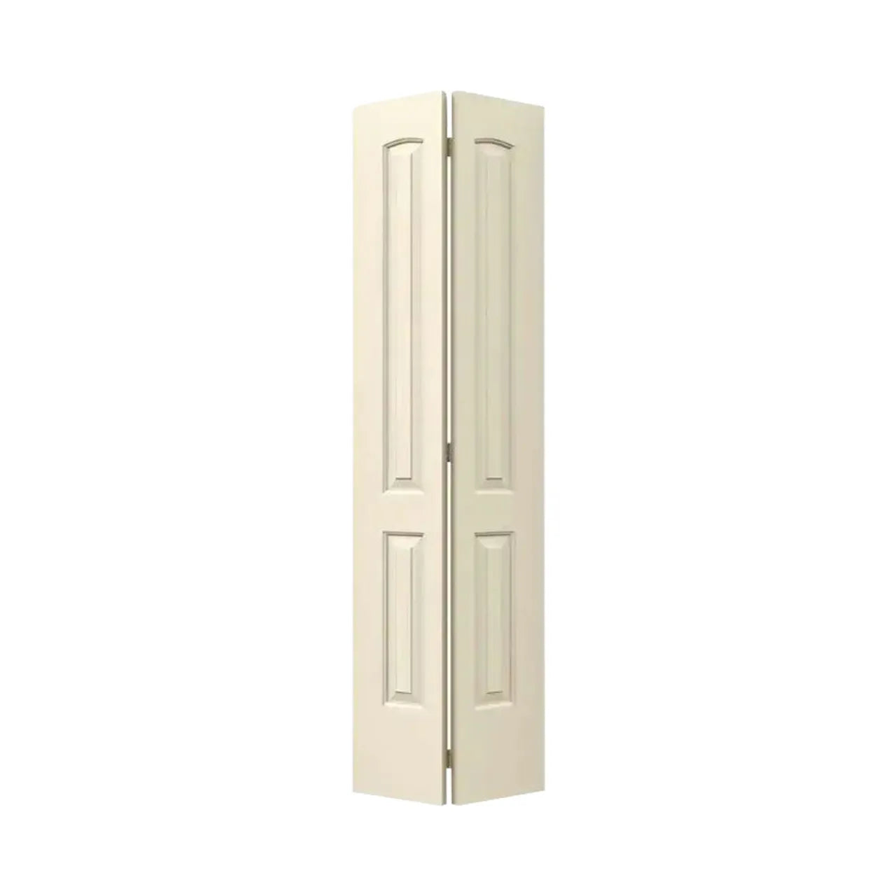 The Go Build 24 in. x 80 in. 2 Panel Continental Bi-fold Primed Smooth Composite MDF Door features a hollow-core design and off-white finish, ideal for modern or classic interiors, shown against a plain white background.