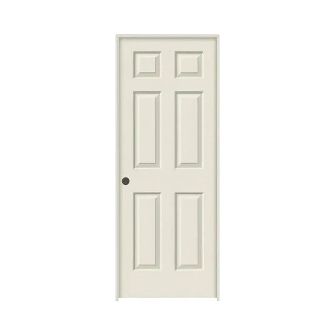 A 28 in. x 80 in. right-hand Go Build Colonist primed textured MDF prehung door with split jamb and hollow-core, shown closed with six panels and a round doorknob hole on the left, against a plain white background.