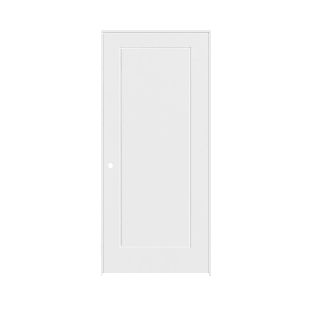 The Go Build 32 in. x 80 in. Prehung Door features a 1 Panel Shaker design with primed solid core wood and right-hand orientation, shown against a white background.