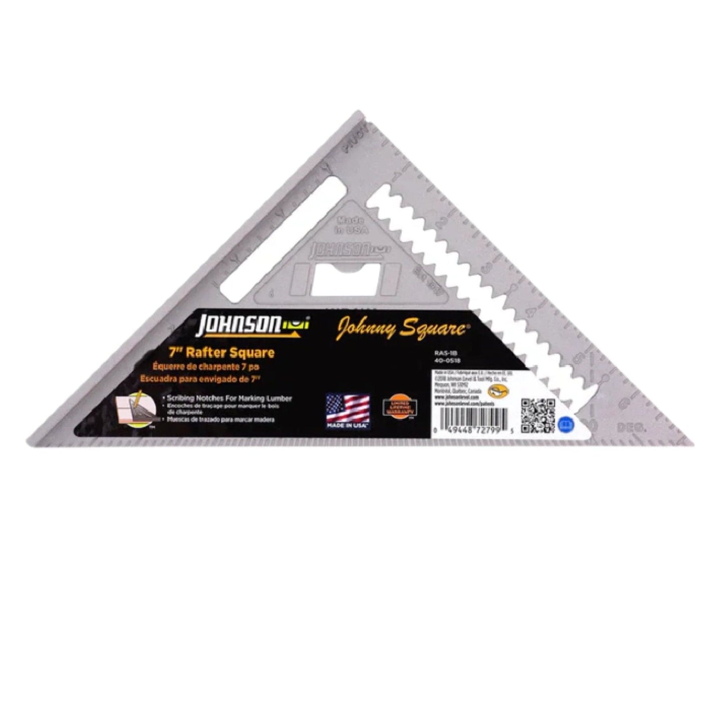 The JOHNSON RAS-1B Johnny Square Pro is a 7-inch triangular aluminum rafter angle square featuring etched numbers for precision. Its durable design and included instructions on the black label make it perfect for marking lumber and cutting rafter angles efficiently.