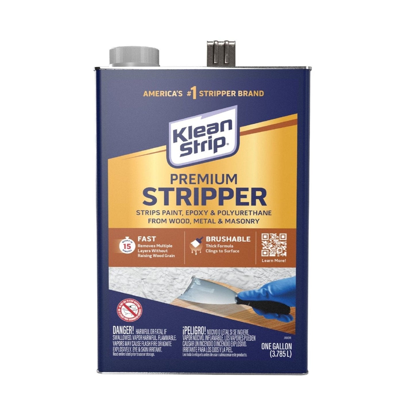 The KLEAN STRIP GKPS300 Premium Paint and Varnish Stripper, in a one-gallon metal can, features a high-performance formula. The label indicates it removes paint, epoxy, and polyurethane from wood, metal, and masonry. An image shows someone stripping multiple paint layers with a tool.