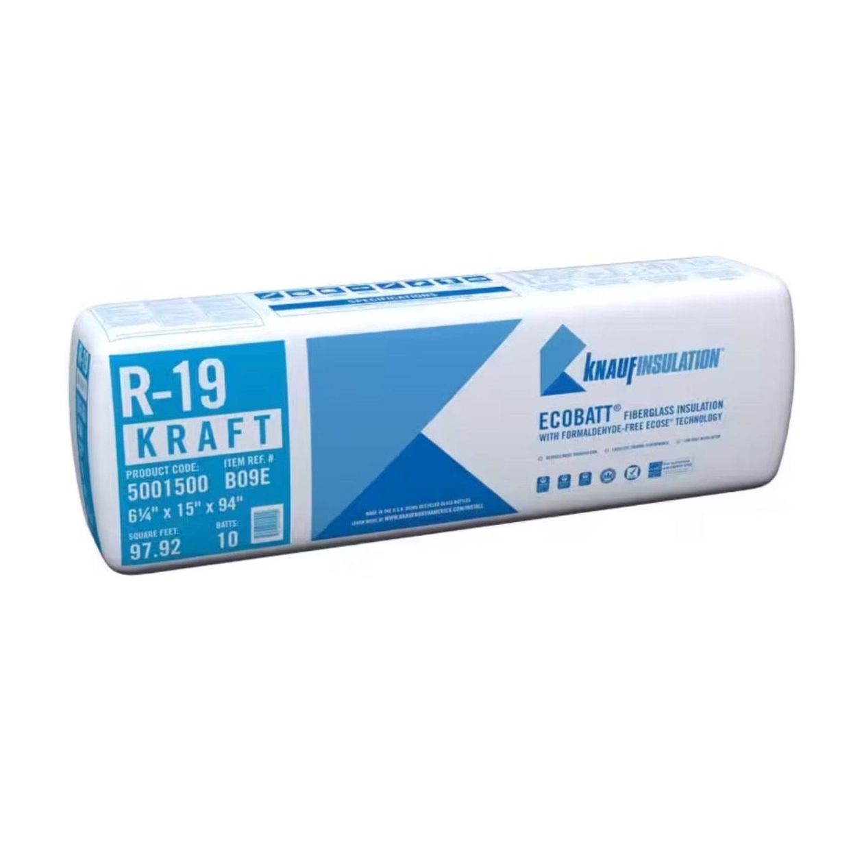 A package of KNAUF R-19 EcoBatt Kraft Faced Fiberglass Insulation Batt, measuring 15 x 94 x 6-1/4, is shown with product code 6091500. Covering 97.92 sq ft, it promotes sustainability and includes a bundle of 10 batts.