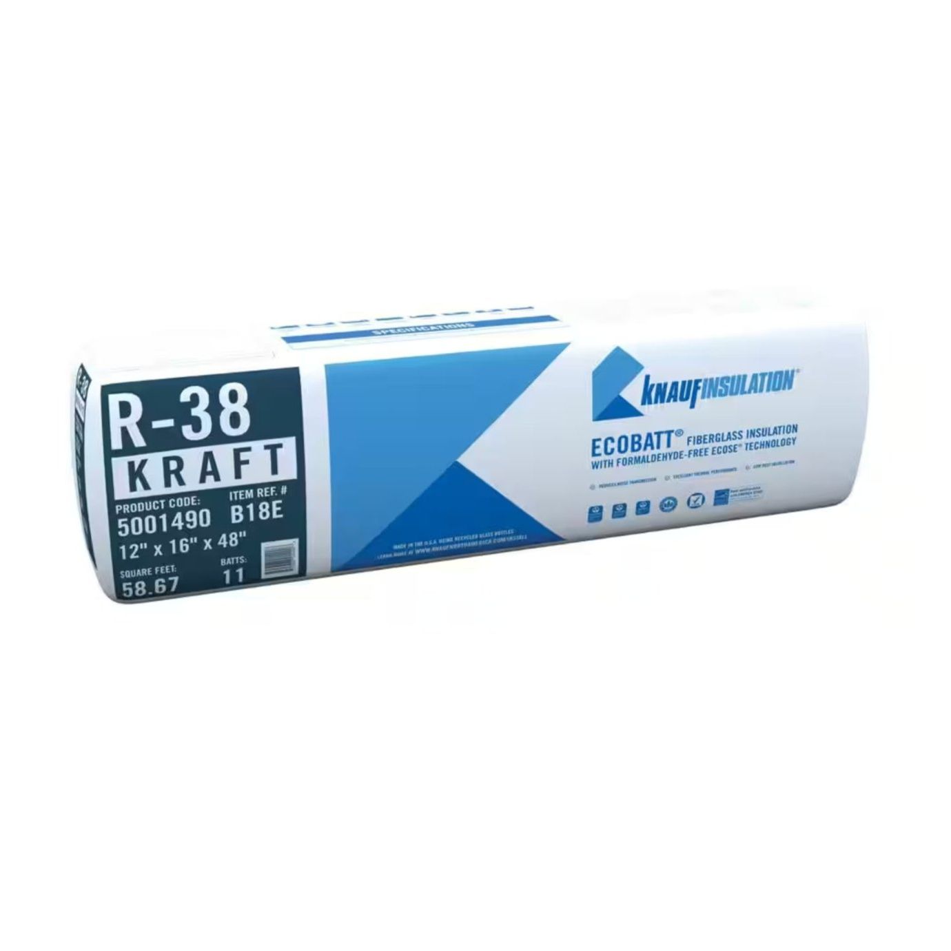The KNAUF R-38 EcoBatt Kraft Faced Fiberglass Insulation Batt measures 16 x 48 x 12 and covers 59 sq ft. Its made from recycled glass, formaldehyde-free, features eco-friendly blue and white packaging, and is labeled R-38 Kraft.