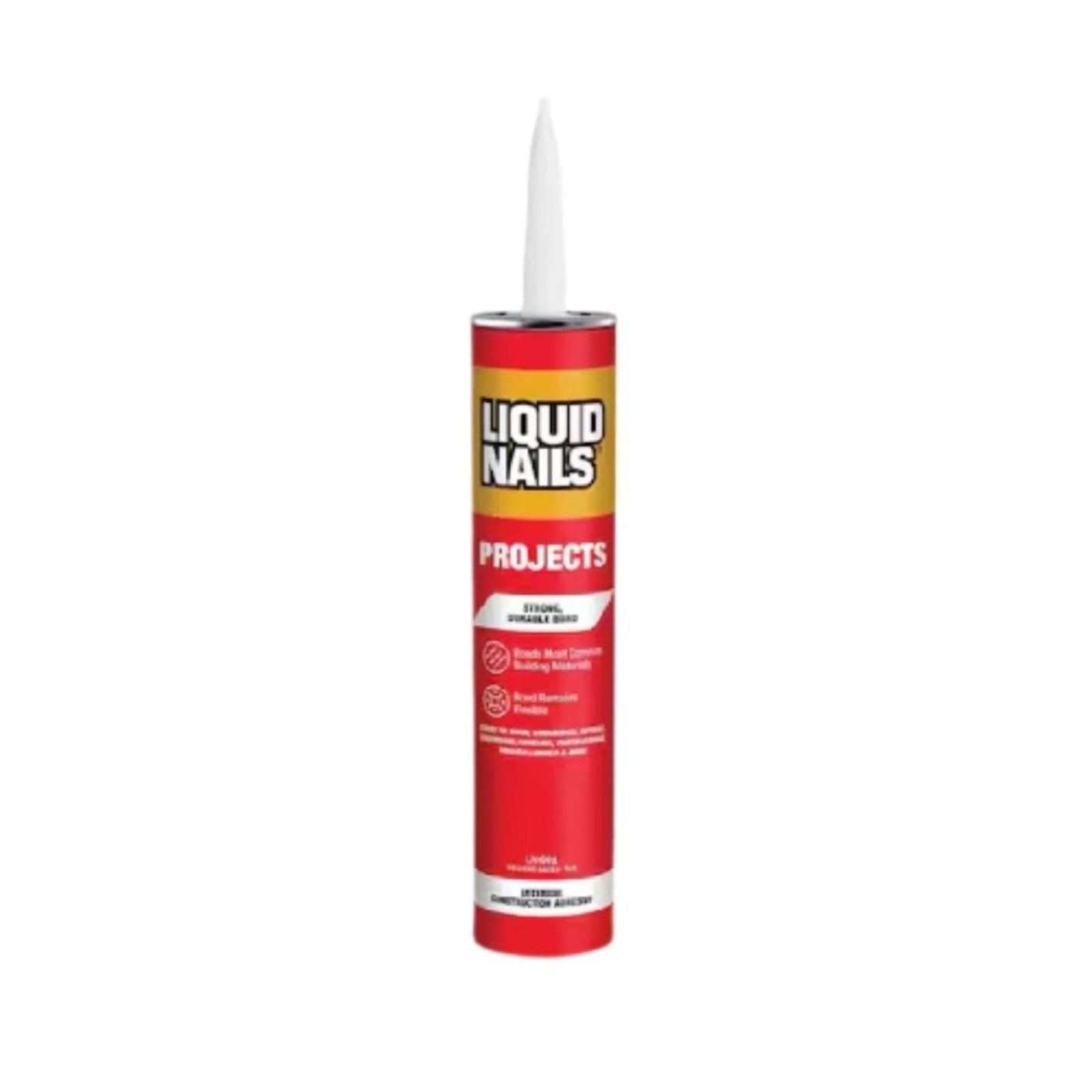 The 10 oz. LIQUID NAILS LN-704 Tan Latex Construction Adhesive stands upright, ideal for interior projects with a strong bond and quick set time. Its tapered white nozzle ensures easy application.
